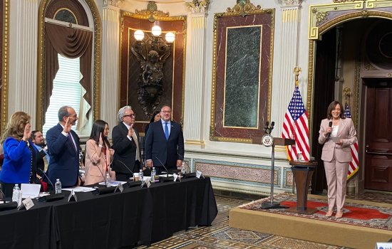 Five people stand at a long table with their right hands raised as they are sworn in by Vice President Kamala Harris, who is standing on a riser at the front of an ornate room in front of to U.S. flags.