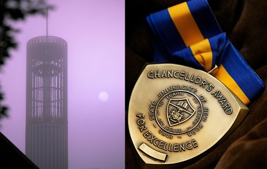 UAlbany's carillon on a hazy evening with a purple sky and full moon, next to an image of a bronze-colored metal with the words Chancellor's Award fo Excellence, State Univeristy of New York - 1946