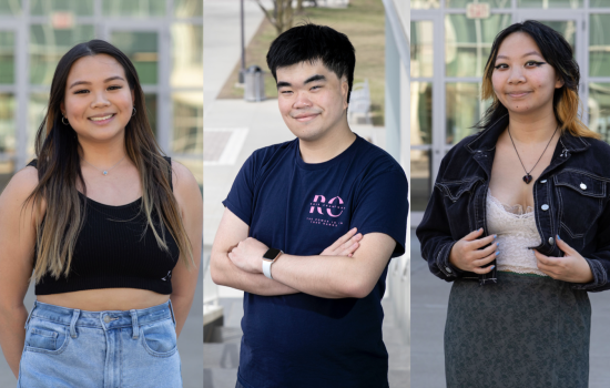 Composite image shows side-by-side portraits of three UAlbany students posing on campus: Kaitlyn Chan, Jeremy Zheng and Jaci Yong.