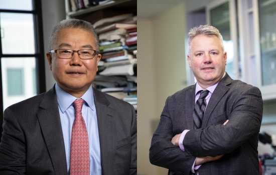 Side-by-side portraits of two men with short gray hair wearing suit jackets. One stands in front of full bookshelves and the other stands, arms folded, in a laboratory.
