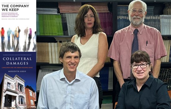 At left, the covers of two books called "The Company We Keep" and "Collateral Damages." At right, four faculty members, two standing and two sitting, pose in front of a full bookshelf.