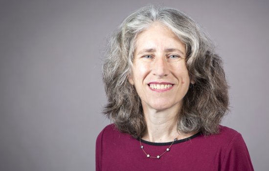 A smiling Julie Novkov in a dark read sweater and necklace