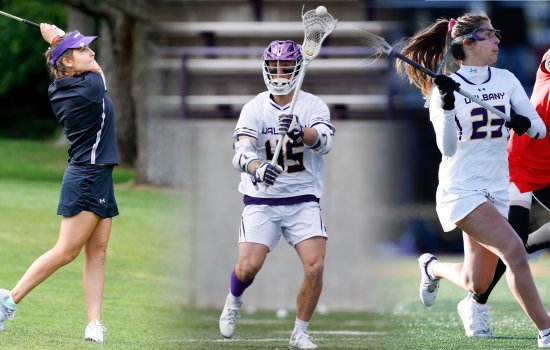 A women's golfer, a men's lacrosse player and a women's lacrosse player are shown in action for UAlbany athletes.