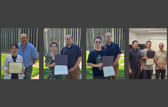 A composite of four Economics students posing with professors and award certificates on the UAlbany campus