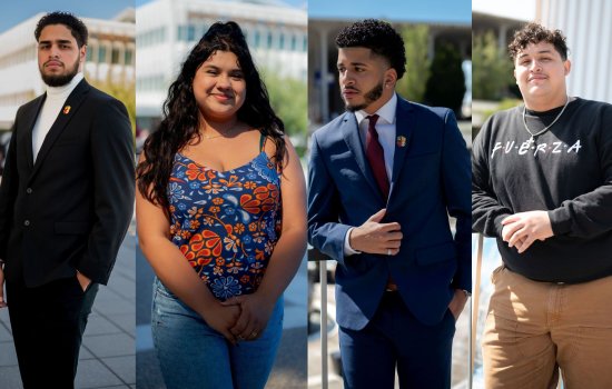 Four standing portraits of Adam Achehboune, Gabriela A. Cruz Hernandez, Denzel Avila and Juan Torres