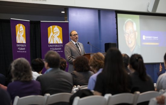 Laurence Kranich, chair of the Economics Department at the University at Albany, addresses attendees of the Inaugural Pong Lee Memorial Lecture.
