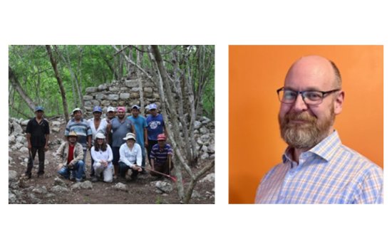 A composite with photos of Anthropology students in the field on the left and a headshot of Adam Gordon against an orange background on the right.