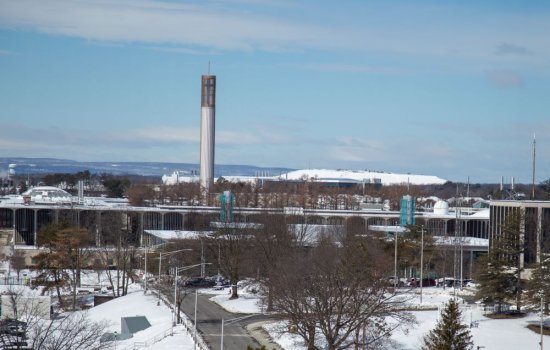 Uptown campus buildings with snow on the ground