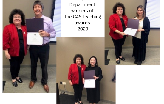 Award winners, Professro Stasi and Instructors Eugene Pae and Audrey Peterson-McCann with Dean Altarriba