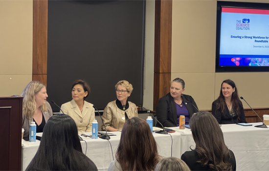 Michele Grimm sits second from left at a table of women dressed in business attire. They are seated at the front of an audience and speaking into table microphones. On the wall behind them, a monitor reads, "The Science Coalition/Ensuring a Strong Workforce for... Roundtable" with some words cut out of the frame.