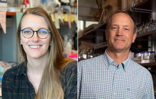 The image features two portraits side by side: Hannah Shorrock at left and Andy Berglund at right. Hannah, who has long brown hair, is wearing round glasses and a dark green plaid shirt. Andy is wearing a button down shirt with a pale blue and red checkered pattern. Both are smiling.
