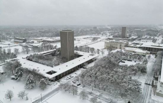 UAlbany's snow-covered Uptown Campus as photographed from a drone.