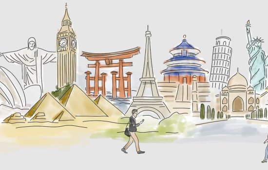 An illustration showing famous landmarks from around the world, such as the Sydney Opera House, Leaning Tower of Pisa and Egyptian pyramids.