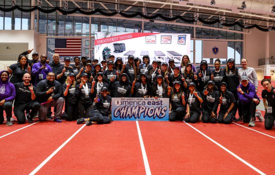 The UAlbany women's indoor track team celebrates their 12th overall title on Tuesday at the America East Championships in Boston.