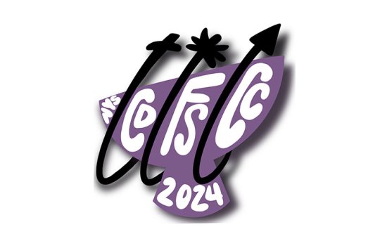 The Capital District Feminist Studies Consortium Conference featuring a light purple outline of Albany's The Egg, featuring decorative black arrows and the letters "NYS CDFSCC 2024" written across the purple in white.