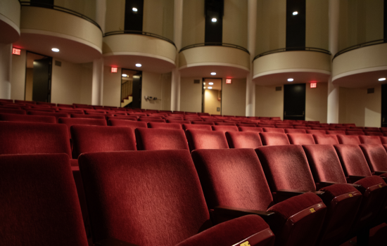 Rows of red velvet theatre seats are pictured inside the UAlbany Performing Arts Center.