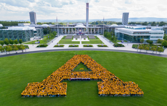 UAlbany Campus and hundreds of students forming the letter A