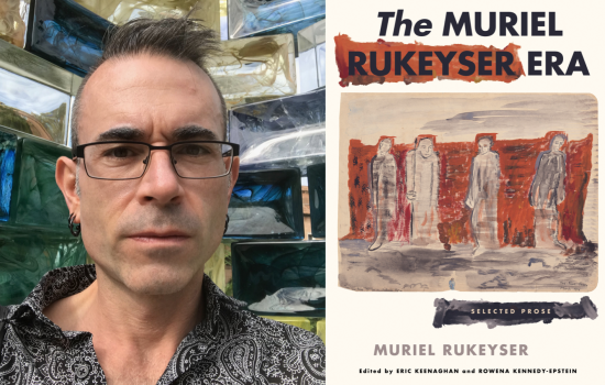 Composite portrait of UAlbany English Professor Eric Keenaghan, in a paisley shirt and glasses, next to a book jacket for "The Muriel Rukeyser Era: Selected Prose"
