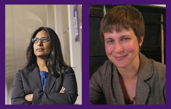 A composite with an image of Dr. Rajani Bhatia on the left, standing outside in a blazer with her arms crossed, and Anne Hendrixson on the right in the gray blazer smiling at the camera.