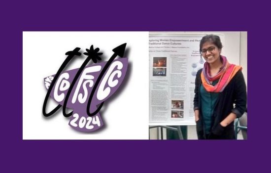 A logo reading CDFSCC 2024 next to an image of a woman in a colorful scarf and black jacket standing in front of a research poster