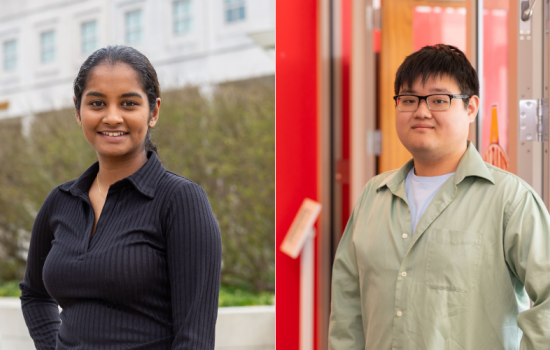 Composite image of two portraits, including a young woman in a black blouse smiling for a portrait outside and a young man with short black hair and glasses posing for a portrait indoors.