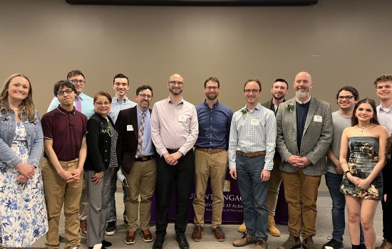 UAlbany students pose alongside the faculty members they have nominated for the 2024 Spark and Torch Awards.