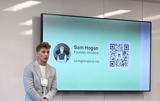 UAlbany MBA student and football player Sam Hogan presents his plan at the NY Business Competition.