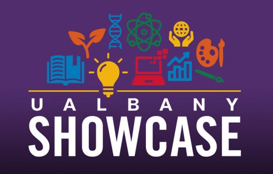 The logo for UAlbany Showcase, with white text on a purple background and colorful icons related to academics.