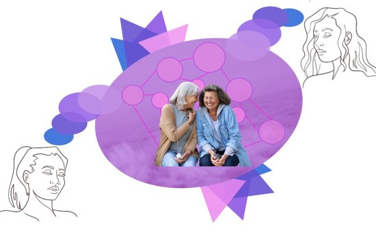 A graphic depicts two women laughing and collaboratively imagining.