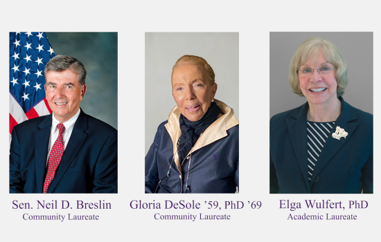 Composite image featuring portraits of the three laureates against a gray background. From left to right: Sen. Neil D. Breslin (Community Laureate), Gloria DeSole ’59, PhD ’69 (Community Laureate), and Elga Wulfert, PhD (Academic Laureate). Sen Breslin is wearing a dark blue suit and red tie, with and American flag behind him. Gloria DeSole is wearing a bark blue jacket with gold trim and a black scarf. Elga Wulfert is wearing a dark blue blazer and striped shirt. 