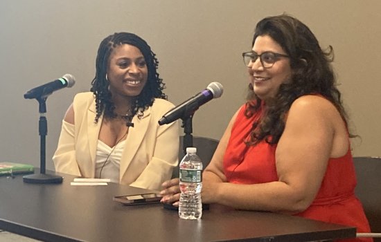 Deshanna Wiggins, the Albany Black Chamber of Commerce & Social Club CEO shown in conversation with author Samhita Mukhopadhyay