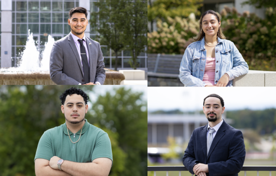 Composite image of four portraits of UAlbany students posing outdoors on campus