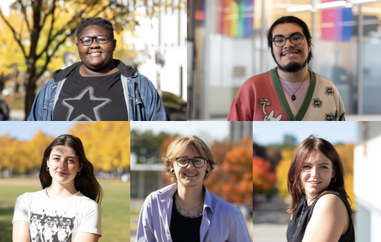 Composite image of five UAlbany students posing for portraits outdoors on a sunny autumn day on campus.