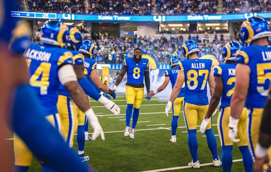 Jared Verse (8) was selected with the 19th pick in the 2024 NFL Draft. The former star player for the Great Danes was named the AP NFL Defensive Rookie of the Year. (Photo by Brevin Tonsell/L.A. Rams, used by permission)