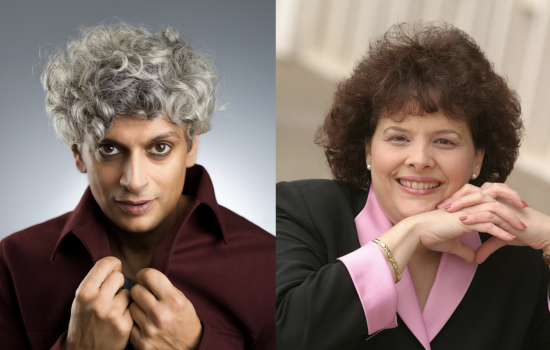 Side by side portraits of a man with curly silver hair in a maroon jacket and a woman with short brunette hair in a black blazer and pink blouse.