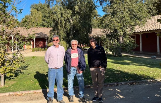 Three older men stand outside on a bright sunny day wearing sunglasses in a courtyard of Chilean fruit drink company.