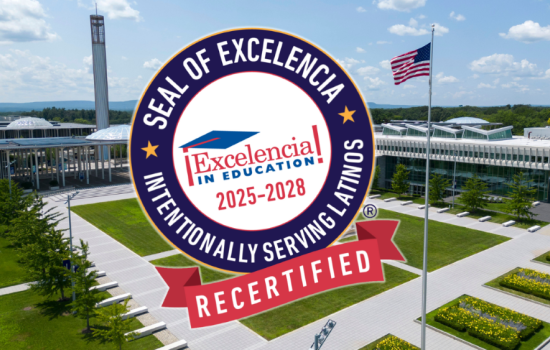 Photo of UAlbany's Uptown campus with Seal of Excelencia logo 
