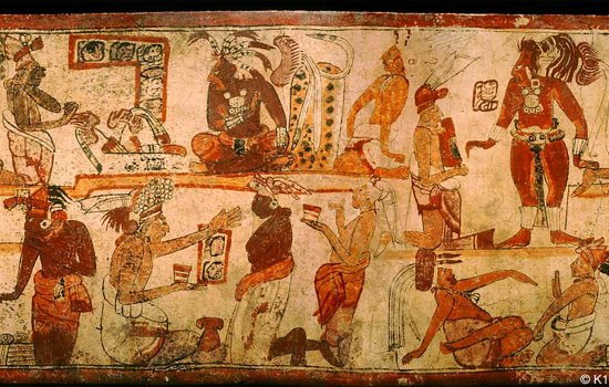 A painted late classic-period Maya royal court scene depicting tribute payments, including dish with bundled tallies in the top left of the image next to the king sitting on his throne. 