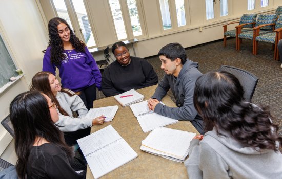 A group of students sit around a table with notebooks on a the table, one student. stands at the end of the table with a sweater that says Department of Languages, Literatures and Culture.