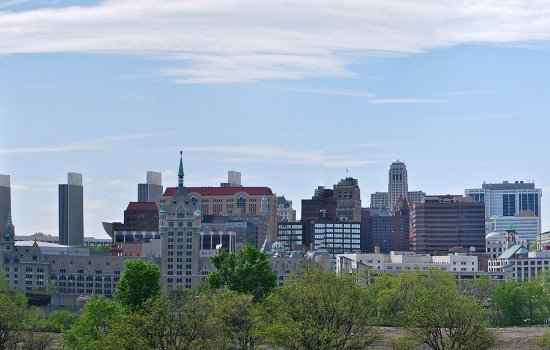 Skyline of Albany from across the Hudson River. 