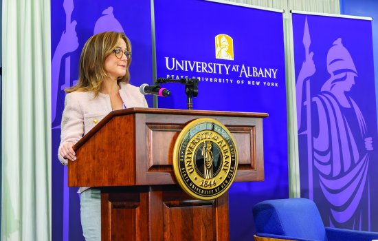 Amy Knapp speaks at the 2025 Massry Lecture in the Massry School of Business on April 4, 2025