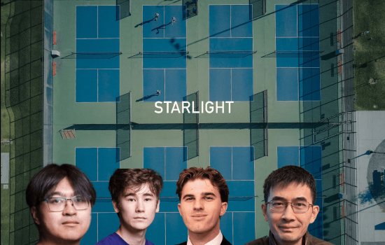 Tennis course with the word "Starlight" in the middle and headshots of four men at the bottom. 