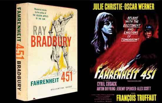 Fahrenheit 451 book cover next to poster for 1966 film