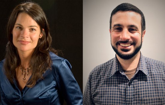 Side-by-side portraits show a woman with long dark hair wearing a blue silk shirt and a man with short dark hair and beard wearing a checkered shirt.