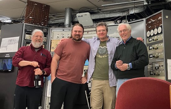 Keith Earle, Andrew Knutson, Matthew Szydagis, and Bill Lanford, from left to right, in the IBL control room.
