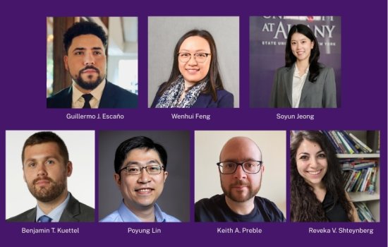 Headshots of Guillermo Escano, Wenhui Feng, Soyun Jeong, Benjamin Kuettel, Poyung Lin, Keith Preble and Reveka Shteynberg.