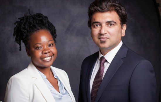 Two professionals, one woman and one man, pose together in formal business attire against a dark studio background.