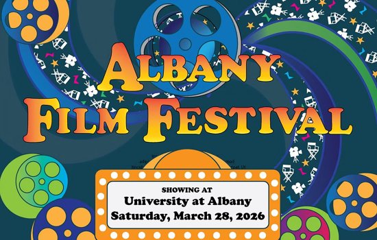 A logo for the 2026 Albany Film Festival held at UAlbany on Saturday, March 28, 2026 with orange lettering and a film reel.