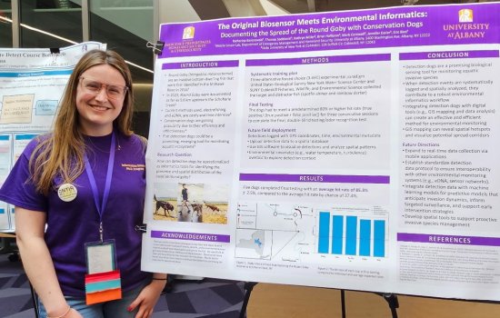 A woman stands next to a research poster titled "The Original Biosensor Meets Environmental Informatics" at a science event, presenting findings on round goby detection with conservation dogs.