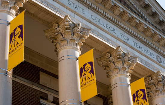 Close-up on the columns featured on the University at Albany's Downtown Campus.